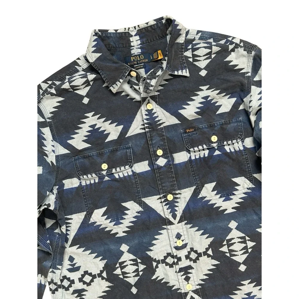 Polo Ralph Lauren Classic Fit Southwestern Aztec Tribal Button Blue‎ Shirt Sz L